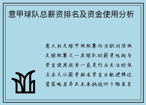 意甲球队总薪资排名及资金使用分析